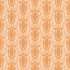 Wall Mural - Elegant vintage wallpaper with leaves and lattice elements in beige, seamless pattern, vector