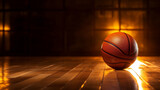 Fototapeta Sport - Basket background basketball orange sports floor court black spotlight team competition ball game