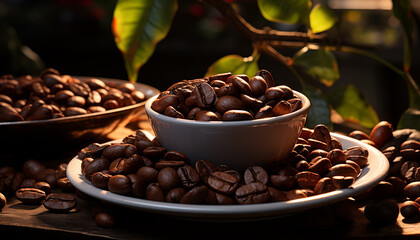 Poster - Fresh coffee beans on wooden table, perfect for caffeine addicts generated by AI