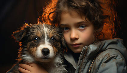 Wall Mural - Cute child embraces playful puppy, pure love and innocence generated by AI