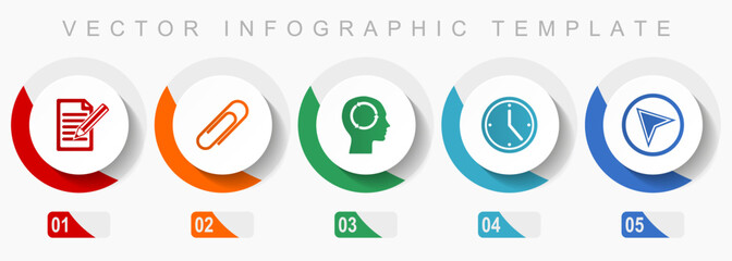 Aufkleber - Education icon set, miscellaneous icons such as register, attach, head, clock and navigation arrow, flat design vector infographic template, web buttons in 5 color options