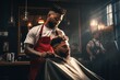 An African American barber trimming a customer's hair.