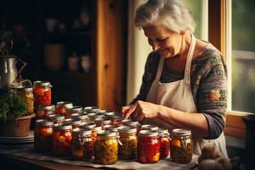 Wall Mural - Old woman making preserves.