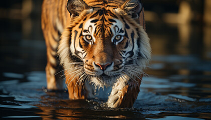 Wall Mural - Bengal tiger, majestic and fierce, stares into tranquil pond generated by AI