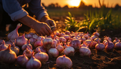 Canvas Print - A farmer hand holds ripe vegetables, harvesting nature freshness generated by AI