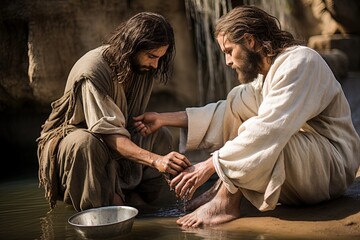 Wall Mural - Jesus kneeling and washing men’s feet.