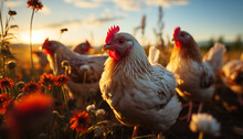 Chickens graze in meadow, nature beauty looking back generated by AI