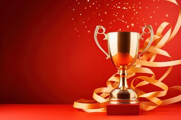 golden trophy and streamers in sport competition with red background.
