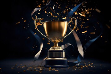 golden trophy and streamers in sport competition with navy background.