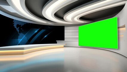 Wall Mural - Tv studio. News room. Studio Background. Newsroom bakground. Backdrop for any green screen or chroma key video production. Loop. 3D rendering. 