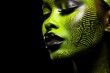 African woman with lime green makeup on black background.