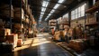 Large spacious warehouse with goods in cardboard boxes. The concept of logistics for storing and delivering goods around the world