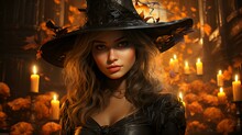 Beautiful Witch In A Black Hat For The Scary Holiday Of Halloween