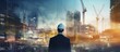 © VERTEX SPACE - rear view of professional engineer manager standing concentrate focus multi exposure with building construction industry background construstion engineer concept