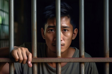 Wall Mural - An Asian prisoner in a cell behind bars. Young man in prison. Despair, sadness and loneliness of the person who committed the crime.