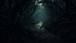 a shadowy, haunted forest path with eerie, glowing eyes peering from the underbrush,