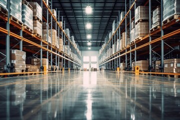 A large warehouse with a wide, modern and neat central aisle, with no one, to store merchandise.