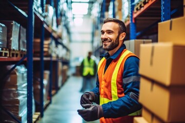 A logistics warehouse worker checking the order of the stored boxes.