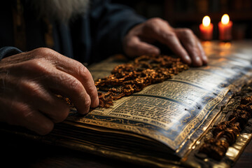 Wall Mural - A close-up of a philosopher's hand holding a book with ancient philosophical texts, representing the pursuit of knowledge and wisdom. Generative Ai.