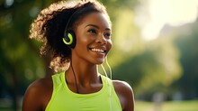 Smiling Black Woman In Sports Clothes Running In A Green Park Enjoying Listening To Music With Wireless Headphones Close-up