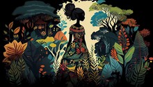 African Tribal Fairy Tale Princess In Dress At The Woodland Background. Digital Art Concept.