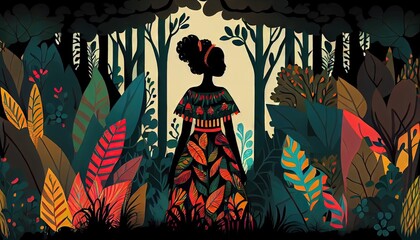 Wall Mural - African tribal fairy tale princess in dress at the woodland background. Digital art concept.