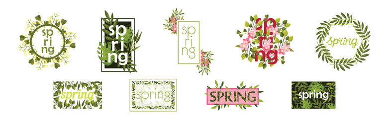 Wall Mural - Spring Floral Composition with Flowers and Foliage Vector Set