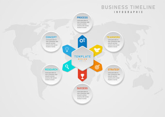 Wall Mural - Infographic 6 steps business planning, hexagonal button in the middle with letters above. Multi-colored acute-angled squares below Around the outside there is a circle and a letter in the middle.