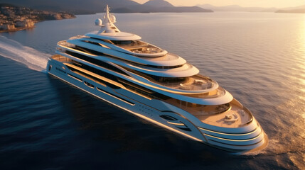 Wall Mural - Luxurious yacht with swimming pools on the deck on the sunset. aerial view.