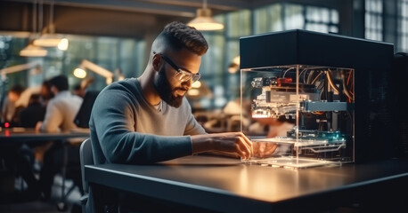 Poster - Engineer IT man working with a prototype model on a 3d printer in a laboratory, Using equipment technology and 3d printing, Creativity.