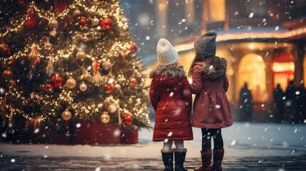 Two young girls standing on the Christmas street looking at the Christmas tree covered with snow