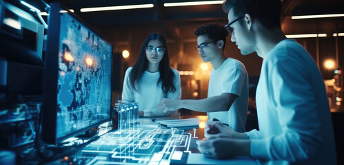 Fototapete - Team scientists doing work in a modern office of a technology company on the development of a quantum computer.