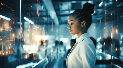 Poster - Data Engineer woman working with supercomputer server cabinets in a modern office of a technology company, Data Protection Network for Cyber Security.