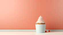 Vanilla Ice Cream Sundae In A Cup On Pastel Cream Background With Copy Space
