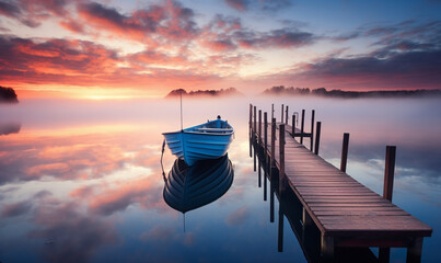 Wall Mural - blaues rustikales Holzboot am Steg am See