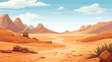 Desert Sandy And Rocky Landscape, Sunny Day. Desert Dunes Vector Background.