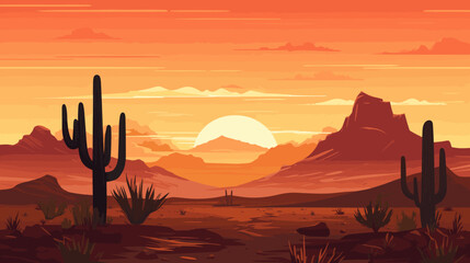 Desert sandy landscape with cactuses, sunset. Desert dunes vector background.