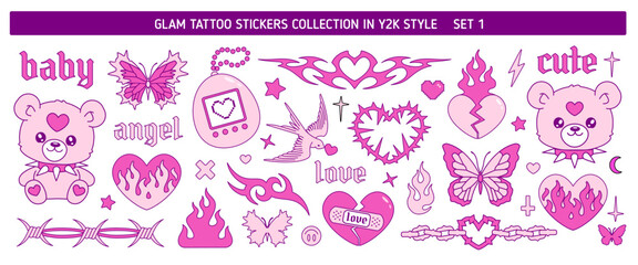 Glam tattoo art stickers in Y2k style 1. Butterfly, swallow, toy, flame, fire, heart chain in emo goth 90s - 00s style . Pink neo tribal tattoo art prints in 2000s aesthetic. Vector collection