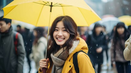 Happy Asian woman with yellow umbrella in a rainy day in a city. Generative AI.