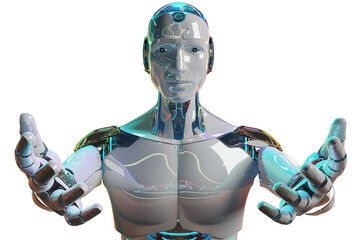 Poster - Isolated robot opening his two hands. Futuristic cyborg. 3D rendering white and blue humanoid cut out with transparent background