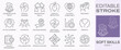 Soft skills icons, such as leadership, teamwork, problem solving, empathy and more. Editable stroke.