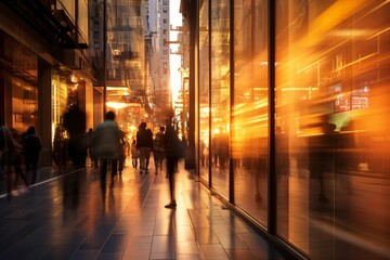 Wall Mural - The golden hue of sunset illuminates a bustling shopping street, where a long exposure captures blurred pedestrians in ceaseless motion, juxtaposed against static store facades