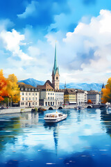 Wall Mural - Illustration of beautiful view of the city of Zurich, Switzerland