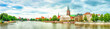 Wroclaw old town summer wide panorama with buildings, churches, river Oder in Poland