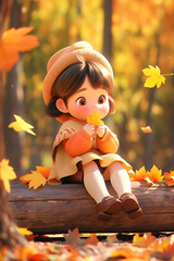 Autumn solar term poster, girl sitting in autumn season forest woods beautiful scenery 3D illustration