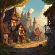 An illustration of a cartoon scene from a fantasy world. Cartoon castle art. Cartoon village illustration. Cobblestone path and stone buildings