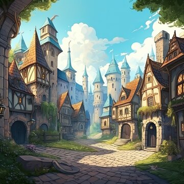 An illustration of a cartoon scene from a fantasy village. Cartoon castle. Cartoon village illustration