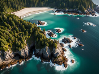 Wall Mural - Top view  of an ocean coast with forset.