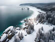 Top view  of an ocean coast with forset at winter.