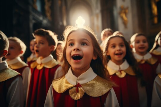 childrens Christmas choir in the church sings Christmas carols